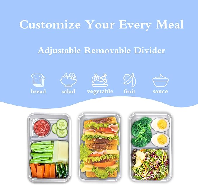 Stainless Steel Bento Lunch Box for Adult, 42oz Leak-Proof Lunch Box Containers, Microwave-Safe, with Adjustable Divider, Convenient Metal Lunchbox for Work, Travel
