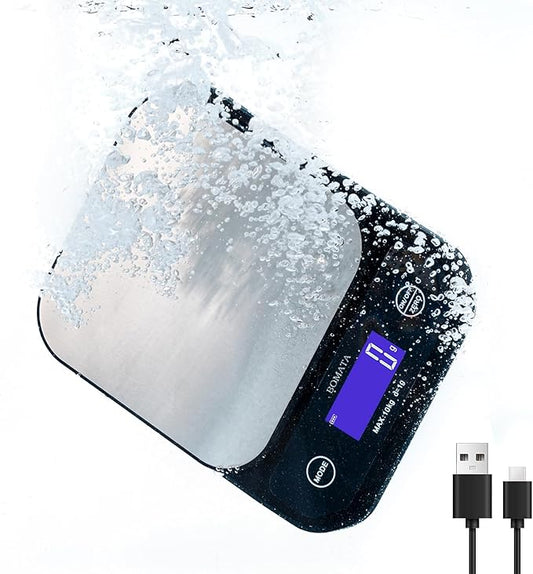 BOMATA IPX7 Waterproof Food Scale, 22lb/10kg, USB Rechargeable, Submersible, Ounces and Grams for Cooking Baking Weight Loss, 0.05oz/1g Precise Graduation, Wide Viewing Angle LCD, Stainless Steel