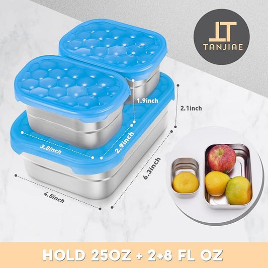 Small Stainless Steel Lunch Containers for Kids | Leak Proof Snack Containers with 100% Pure Silicone Lids - Perfect Metal Lunch Box with Lids for School and Daycare (25oz+8oz*2)