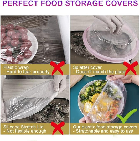 200PCS Bowl Covers Bread Proofing with Storage Bags, Fits Bowls up to 12", Plastic Wrap for Food Plastic Bowl Covers Elastic Reusable Plate Covers for Family Outdoor Picnic, BPA Free, Food Grade