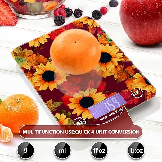Food Scale Kitchen Digital Scale Food Ounces and Grams Dieting Baking Cooking Waterproof Glass Panels LCD Display,4 Units Scale Tare Function Sunflower