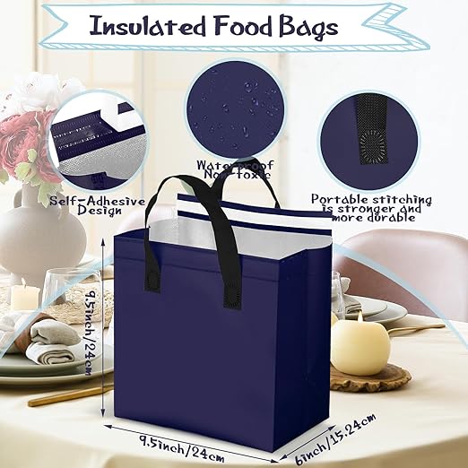 Kacctyen 100 Pcs Insulated Take Out Bags Bulk 9.5 x 6 x 9.5 in Thermal Insulation Food Bag for Coffee, Milk Tea, Hot Cold Food, Delivery Cooler Bag for Catering Restaurant Grocery Picnic (Navy Blue)