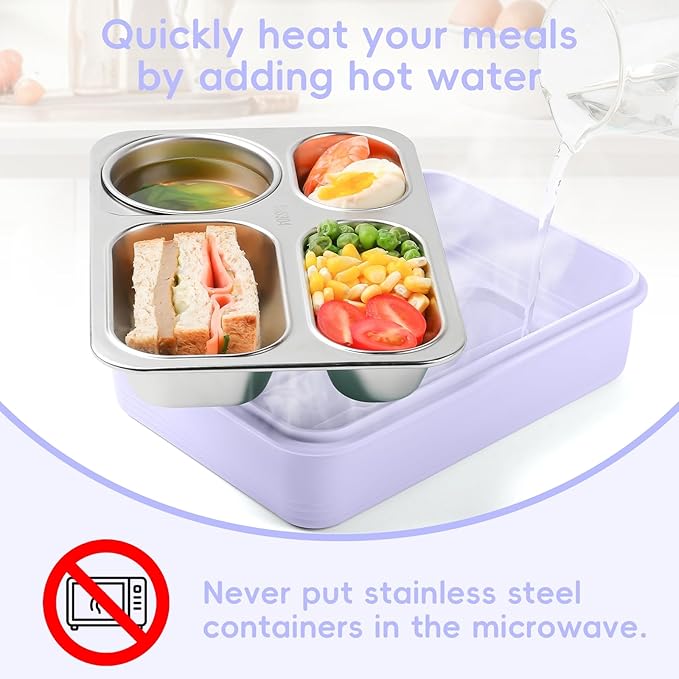 36-oz Lunch Box Containers Stainless Steel Bento Box for Adults with 4-Compartment Snack Tray, Soup Bowl with Lid & Metal Spoon, Dishwasher Safe, Easy to Carry, Purple