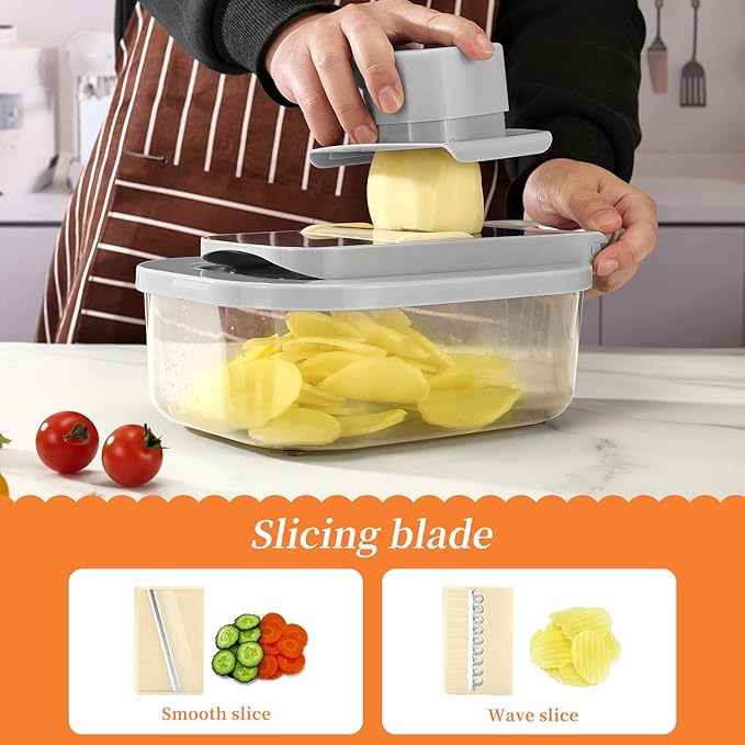 Vegetable Chopper 9-in-1, Onion cutter with 8 Blades, Food Shredding Container with Carrots, Eggs, Home Kitchen Essentials, Salad slicers, Cheese Grater and French Fries Cuts (Grey)