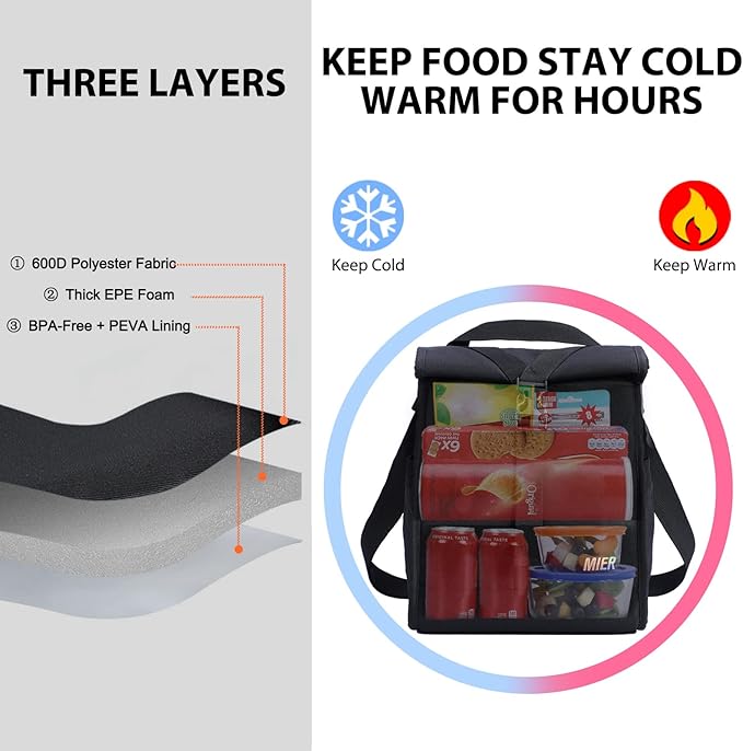MIER Insulated Lunch Bag Roll Top Lunchbox for Women Men Adults Foldable Rolltop Lunch Tote with Shoulder Strap for Work Office Picnic, Water Bottle Holder, Black
