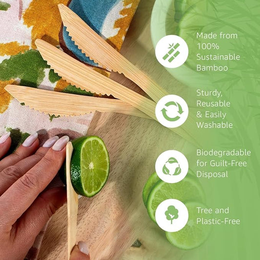 100% Bamboo Knives Set - 100 Eco Friendly Utensils (100 Compostable Knives) | Bamboo Reusable or Disposable Flatware | Compostable FSC Certified Silverware for Weddings, Camping, Parties