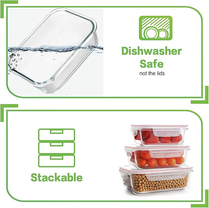 HOMBERKING Glass Food Storage Containers with Lids, [18 Piece] Glass Meal Prep Containers, Airtight Glass Lunch Bento Boxes, BPA-Free & Leak Proof (9 lids & 9 Containers) - Pink