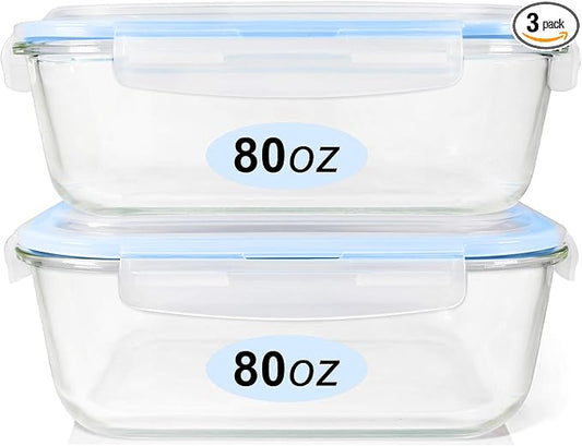 Glass Food Storage Containers Set, Large Size Containers with Lids, BPA-free Locking lids, 100% Leak Proof Glass Meal Prep Containers, Freezer to Oven Safe (2 Pack of 80oz)