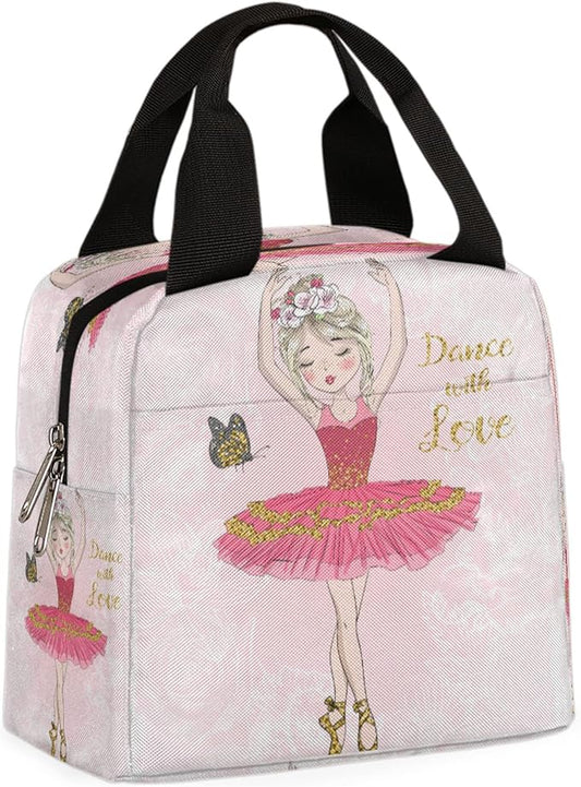 Pink Cute Ballet Dancer Girl Durable Insulated Lunch Box for Women Men Boy Girl Adult Lightweight Leakproof Thermal Cooler Reusable Lunch Bag for School Work Picnic Meal Prep Lunch Tote Bag