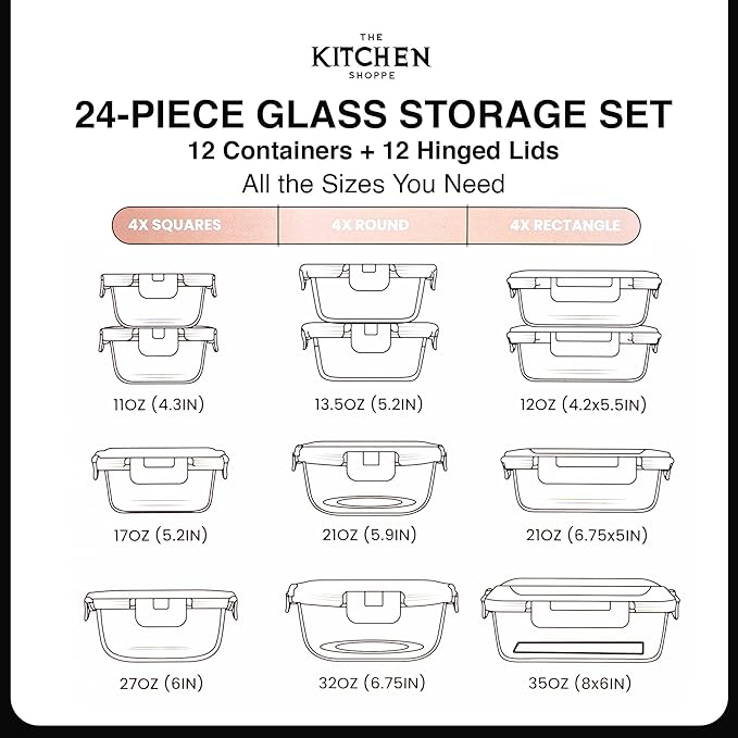 KITCHEN SHOPPE 24-Piece Borosilicate Glass Food Storage Containers | BPA-Free, Airtight, Reusable, Stackable Set for Meal Prep, Leftovers, or Lunch | Freezer, Oven, Microwave & Dishwasher Safe