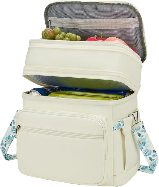 Double Deck Lunch Box for Women, Expandable Insulated Large Lunch Bag Women Leakproof Lightweight Lunch Cooler Bag Durable Lunchbox for Work Outdoor Travel, Beige