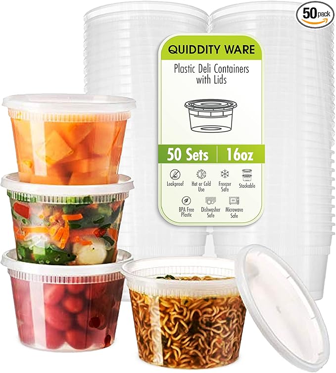 16oz-Deli Containers with Lids Leakproof - 50 Pack BPA-Free Plastic Microwaveable Clear Food Storage Container Premium Heavy-Duty Quality, Freezer & Dishwasher Safe