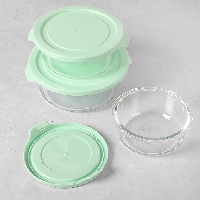 Martha Stewart Hadsell 6 Piece 32.1 oz, 22 oz, 13.5 oz Round Borosilicate Glass Storage Container Set w/PP Pop Martha Blue Lids