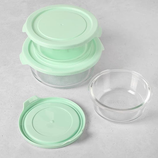 Martha Stewart Hadsell 6 Piece 32.1 oz, 22 oz, 13.5 oz Round Borosilicate Glass Storage Container Set w/PP Pop Martha Blue Lids