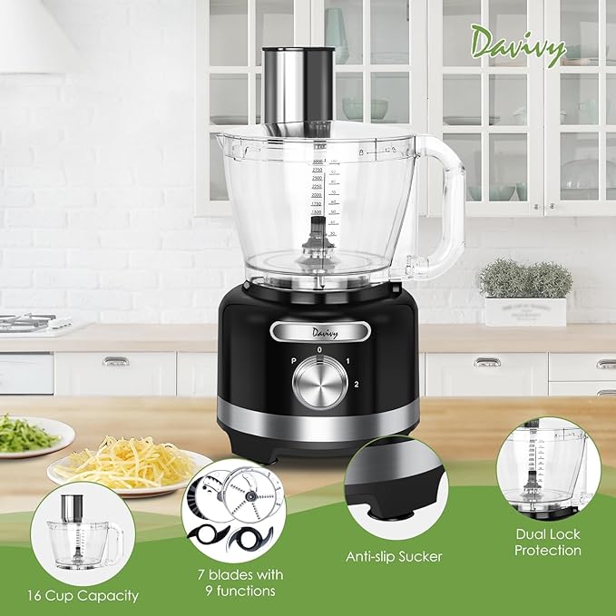 Davivy Food Processor 16-Cup (3.8L/128oz) – 9-in-1 Multifunction Vegetable Chopper, Cheese Grater & Dough Kneader with 600W Motor – Shred, Slice, Emulsify & Chop for Home Use, Black