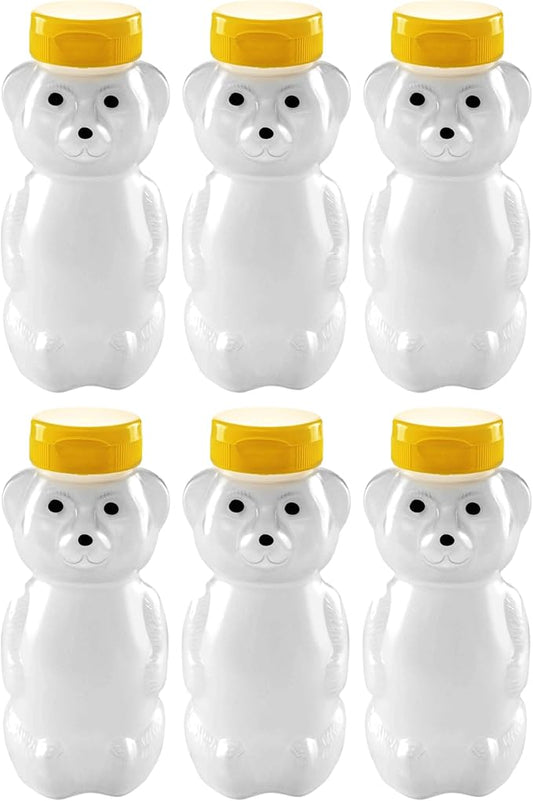 6 Pack of 12 Ounce Translucent Honey Bears with Sealable Yellow Flip Top Lids (12 oz. Translucent Bear, 6pk, Yellow)