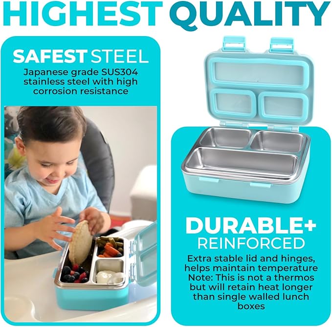 kinsho Stainless Steel Lunch Box for Baby or Toddlers Boys Girls, Insulated Mini Bento, 3 Eco Metal Portion Sections Leakproof Lid, Pre-School Daycare Lunches, Kids Spill-Proof Snack Container, Green
