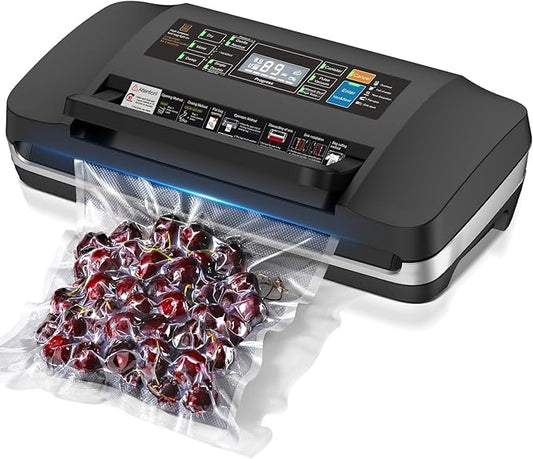 95kpa Vacuum Sealer Machine,Commercial Full Automatic Food Sealer,Powerful Sealing System with Double Heat Seal,Bags Storage, Easy-Lock Handle,Build-in Cutter,1 Bag Rolls & 10 pcs Pre-cut Bags(Silver）