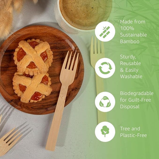 100% Bamboo Forks Set - Compostable Utensils Bulk (2400 Eco Friendly Forks) | Bamboo Cutlery Disposable or Reusable | Compostable FSC Certified Flatware for Weddings, Camping, Parties