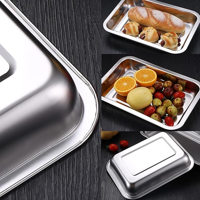 Breading Trays Set of 3 Stainless Steel Breading Pans for Dredging Chicken Breasts and Marinating Meat, Food Prep Trays (12.4" x 8.5" x 1.9")