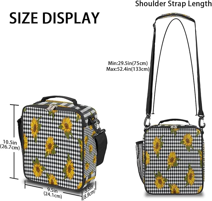 Sunflower Check Kids Lunch Box Cute Insulated Lunch Bag Tote for Girls Boys Black Buffalo Plaid Cooler Freezable Meal Prep Bag with Shoulder Strap Waterproof Lunch Container for School Office Picnic