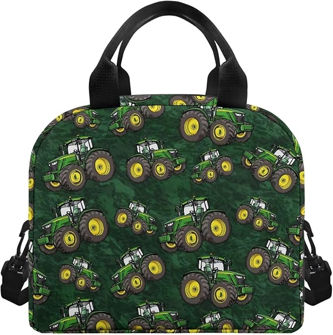 Showudesigns Truck Insulated Lunch Bags for Boys 8-12 Kids Lunch Box Lightweight Food Cooler Tote Bag Primary School Shopping Bag with Shoulder Strap Thermal Organizer Green