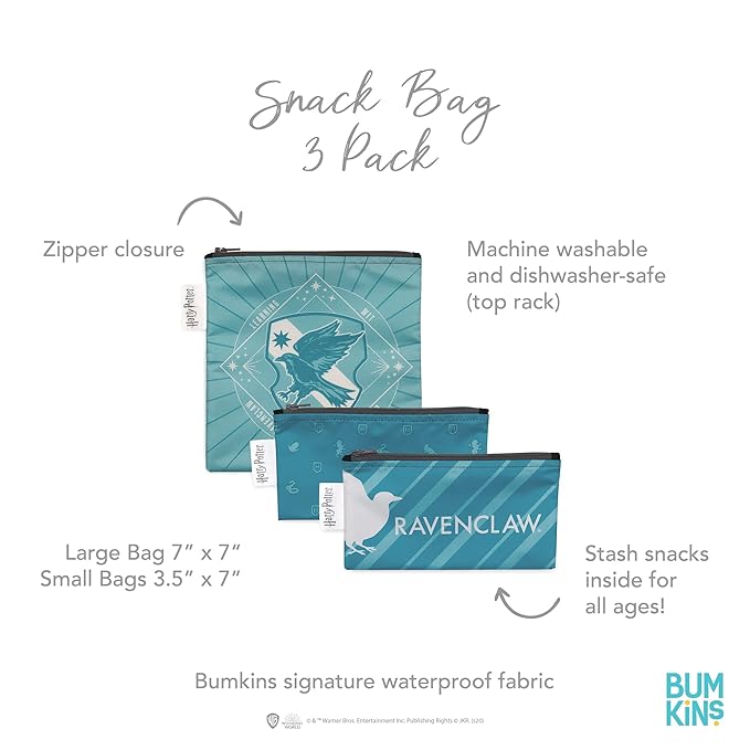 Bumkins Reusable Sandwich and Snack Bags, for Kids School Lunch and for Adults Portion, Washable Fabric, Waterproof Cloth Zip Bag, Travel Pouch, Food-Safe Storage, 3-pk Harry Potter Ravenclaw