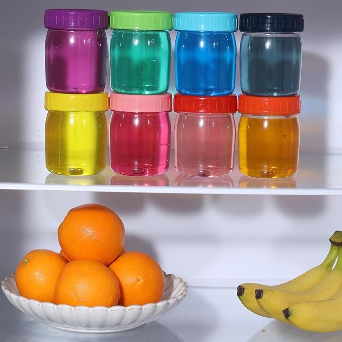 novelinks 8oz Plastic Jars With Lids Colorful Lid Mason Jars 48Pack 8 oz Plastic Containers With Lids For Diy Food Milkshake Salads Snake Jams Spices (48)
