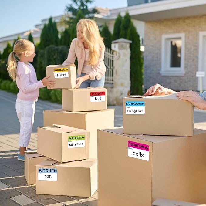600 Writable Labels - 2' x 3', 20 Color-Coded Home Moving Packing Labels with Fragile, Extra, Heavy Options