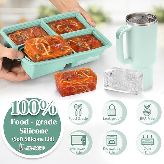 2 PACK Silicone Freezer Trays With Lid, 1 Cup Silicone Freezer Molds, Silicone Soup Freezer Molds For Freeze & Store Soup, Broth, Leftovers, Microwave-safe Soup Freezer Container - Green