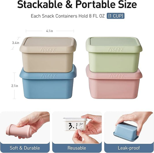 ISSEVE 8oz Silicone Snack Containers for Kids, 1 Cup Reusable Small Containers with Lids, Leak Proof Silicone Food Storage Containers, Kids Lunch Box for Daycare, School, Travel (4)