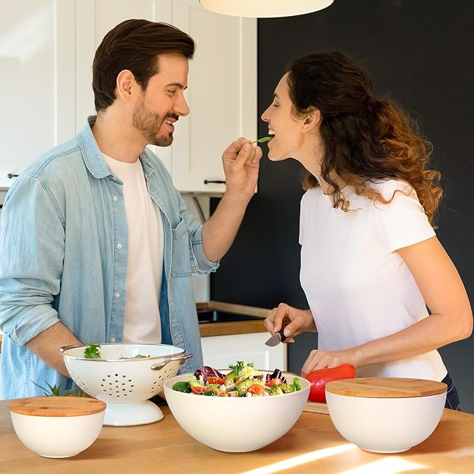ShineMe Salad Bowl with Lid, Natural Bamboo Fiber Serving Bowls Set of 3 with Bamboo Wood Lids, Beige Mixing Bowls Set for Preparing, Storing and Serving Salad Fruit Chips Bread(10",8",6")