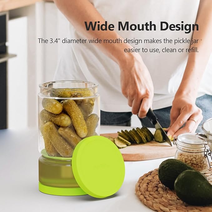 Glass Pickle Jar with Strainer for Pickle Lover - 45 Oz Leakproof and Airtight Juice Separator for Olive, Gherkin, Chilli, BPA Free, Dishwasher and Refrigerator Safe (Green&Blue, 45oz*2pcs)