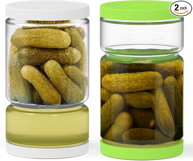 Glass Pickle Jar with Strainer for Pickle Lover - 45 Oz Leakproof and Airtight Juice Separator for Olive, Gherkin, Chilli, BPA Free, Dishwasher and Refrigerator Safe (White&Green, 45oz*2pcs)