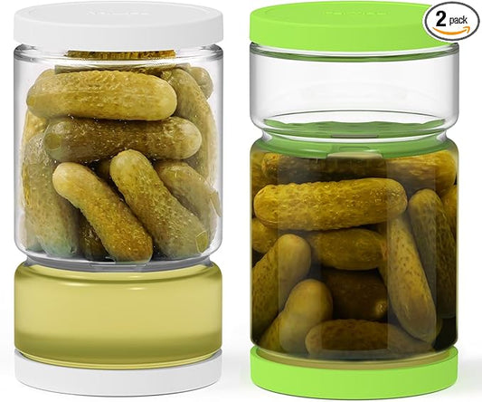 Glass Pickle Jar with Strainer for Pickle Lover - 45 Oz Leakproof and Airtight Juice Separator for Olive, Gherkin, Chilli, BPA Free, Dishwasher and Refrigerator Safe (White&Green, 45oz*2pcs)