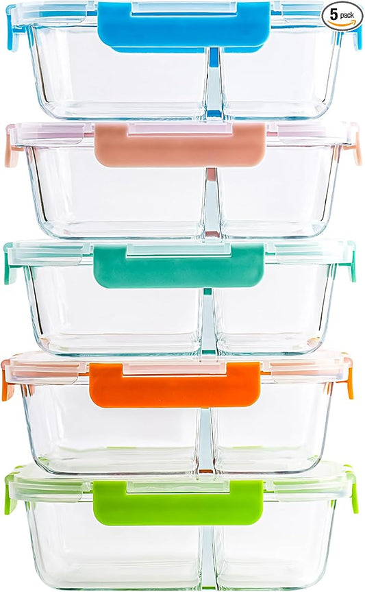 5-Pack,2 Compartment Glass Meal Prep Containers Set,34oz, Divided Food Storage Containers with Lids, Glass Lunch Box with 2 Dividers
