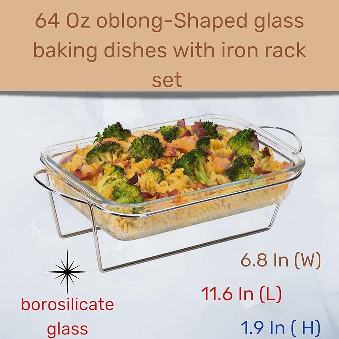 Moss & Stone Glass casserole Dish Made by Borosilicate Glass, 10 X 6.5 Inch Durable Bakeware Dish Oven Safe & Microwave Safe, Clear Glass Rectangular Baking Pan (1 Pcs & Stand)