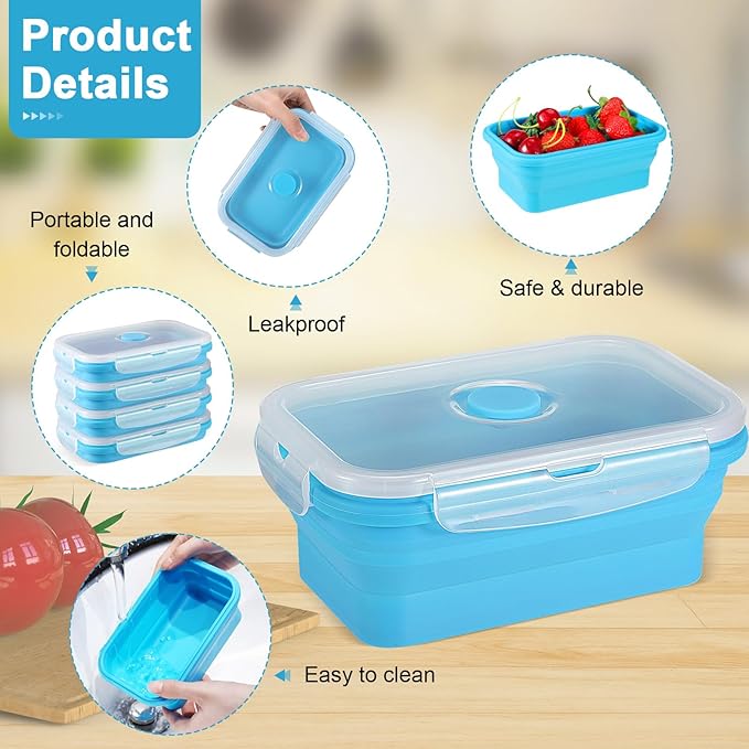 Mifoci Set of 8 Silicone Collapsible Food Storage Containers 17 oz Collapsible Meal Prep Container Square Bowl with Vent Lids, Microwave, Freezer and Dishwasher Safe (Blue)