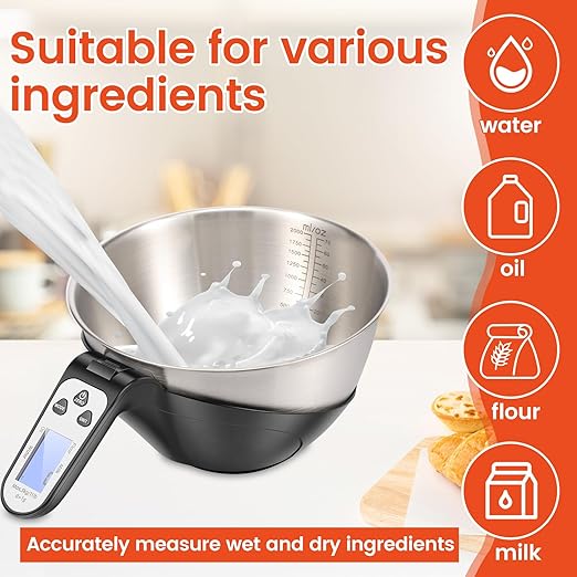 Digital Kitchen Food Scale with Bowl, Stainless Steel Food Scale with Cup Easy to Carry Large Capacity Digital Kitchens Food Scales for Home Cooking (Black)