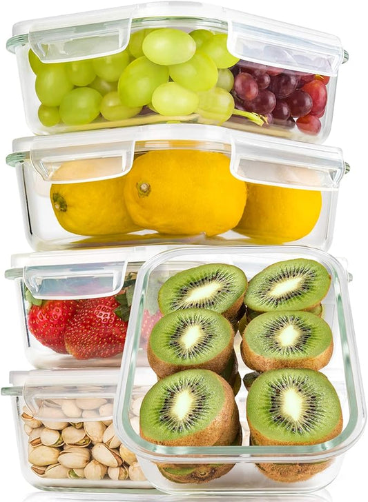 Bayco Large Glass Meal Prep Containers, [5 Pack, 36oz | 4.5cups] Glass Food Storage Containers with Lids, Airtight Glass Bento Boxes, BPA Free & Leak Proof (5 lids & 5 Containers)