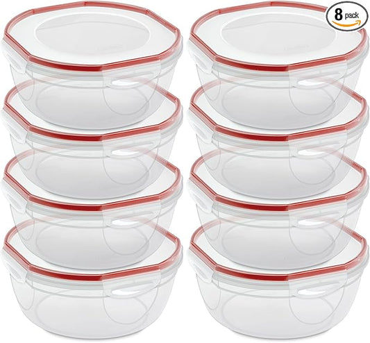 Sterilite Ultra-Seal 4.7 Qt Bowl, Large Airtight Food Storage Container, Latching Lid, Microwave and Dishwasher Safe, Clear With Red Gasket, 8-Pack