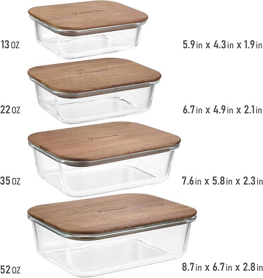Glass Food Storage Containers With Acacia Lids – Glass Meal Prep Containers – Set of 4 Airtight Stackable Food Storage Kitchen Containers – Eco-Friendly Oven Safe Nesting Lunch Containers