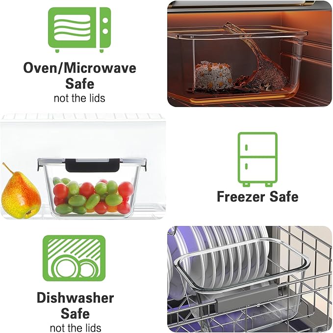 HOMBERKING 4 Pieces 63oz/8cup Large Glass Food Storage Containers with Lids, Meal Prep Containers, Airtight Bento Boxes with Leak Proof Locking (2 Containers + 2 Lids) - Microwave, Oven Safe