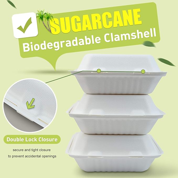 Green Earth 8-Inch, 200-Count, 1-Compartment, Compostable Clamshell, Natural Bagasse (Sugarcane Fiber), Take-Out/to-Go Boxes - Microwave-Safe