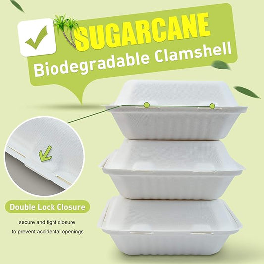 Green Earth 8-Inch, 200-Count, 1-Compartment, Compostable Clamshell, Natural Bagasse (Sugarcane Fiber), Take-Out/to-Go Boxes - Microwave-Safe