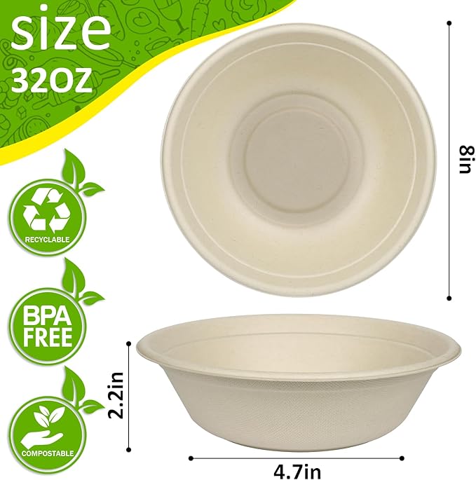 Paper Bowls, 100% Compostable Disposable Soup/Salad Bowls 32 Oz 50 Pack, PFAS-Free BPI Certified Eco-Friendly Hot/Cold Food Bowls, Natural Brown
