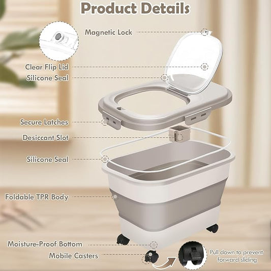 Rice Storage Container, 20Lbs Airtight Flour Container Rice Dispenser, Large Pet Dog Cat Food Storage Bin with Rolling Wheels, Scoop & Measuring Cup, Collapsible Kitchen Cereal Dry Food Holder