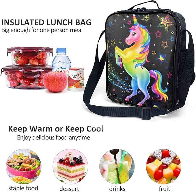 Kids Lunch Box, Insulated Lunch Bag for Girls, Cute Unicorn Lunch Bag with Shoulder Strap, School Bento Lunch Box for Kids Toddlers Teens, Aesthetic Black Reusable Cooler Thermal Meal Tote Kit