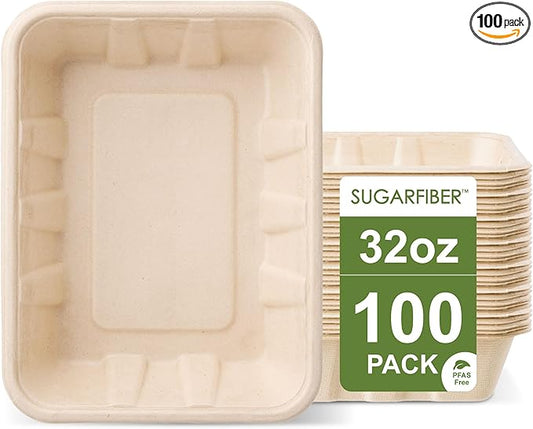 [100 COUNT]Harvest Pack 32 oz PFAS FREE Disposable Food Trays, 8.49" x 6.45" x 1.86"Compostable Food Container Bagasse Serving Trays, from Sugarcane Eco-Friendly Plant Fibers, No Lids included