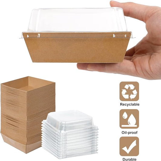 Kosotody 50 Pack Charcuterie Boxes with Clear Lids, 4 Inches Brown Oil-Proof Kraft Paper Food Containers Bakery Boxes for Sandwich, Cookies, Hot Cocoa, Cupcakes and Strawberries（Brown）